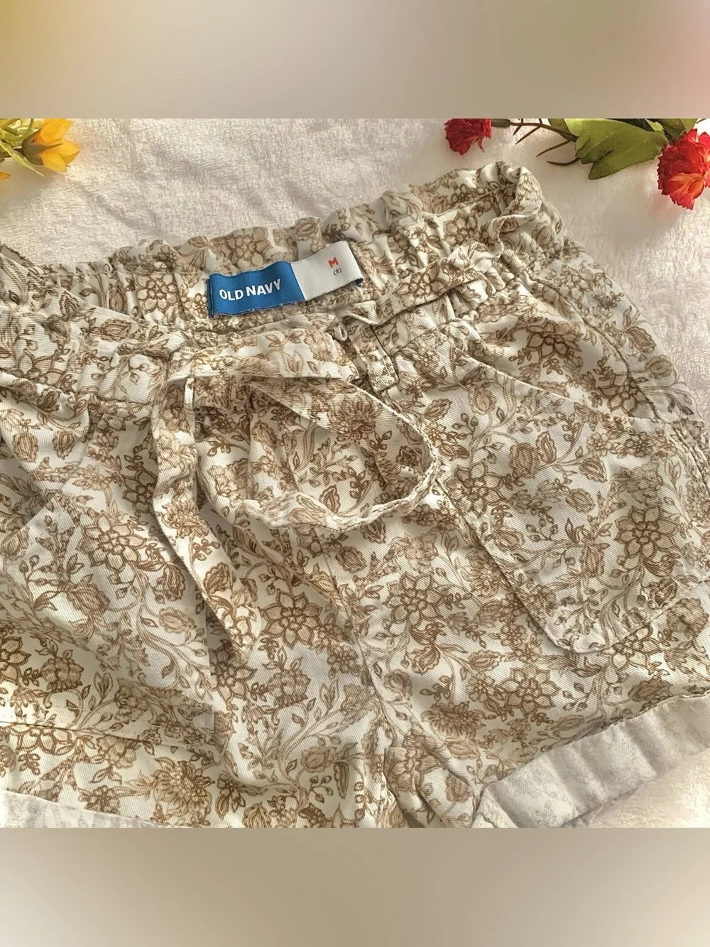 Old Navy Girls Floral Paperbag Shorts Size M 8 Cream Brown Cottagecore